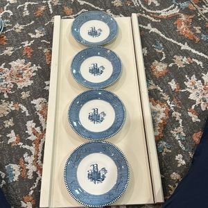 4 Currier‎ & Ives Royal Blue Harvest Steam Boat Saucer Plate 6 "Vintage No chips